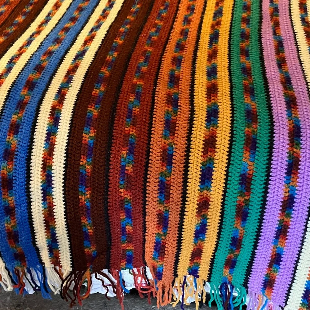 Vintage crochet handmade fringed afghan multicolor 1980’s or 1970’s Queen / King